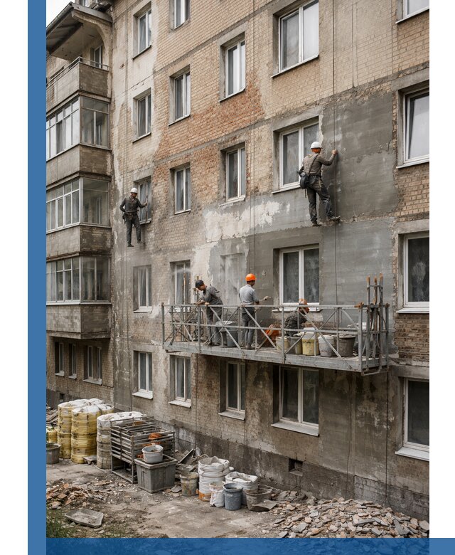 Капитальный ремонт фасада в Морозовске с восстановлением и гидроизоляцией