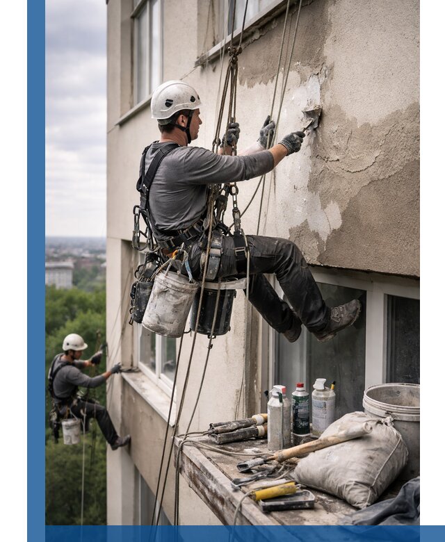 Косметический ремонт фасада зданий в Морозовске промышленными альпинистами