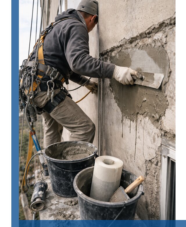 Ремонт бетонных элементов фасада промышленными альпинистами в Морозовске