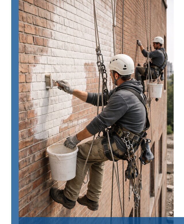 Покраска кирпичного фасада с доступным альпинистским сервисом в Морозовске