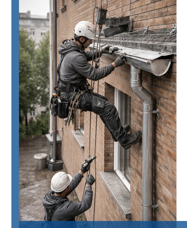 Монтаж водосточной системы на здании в Морозовске под ключ