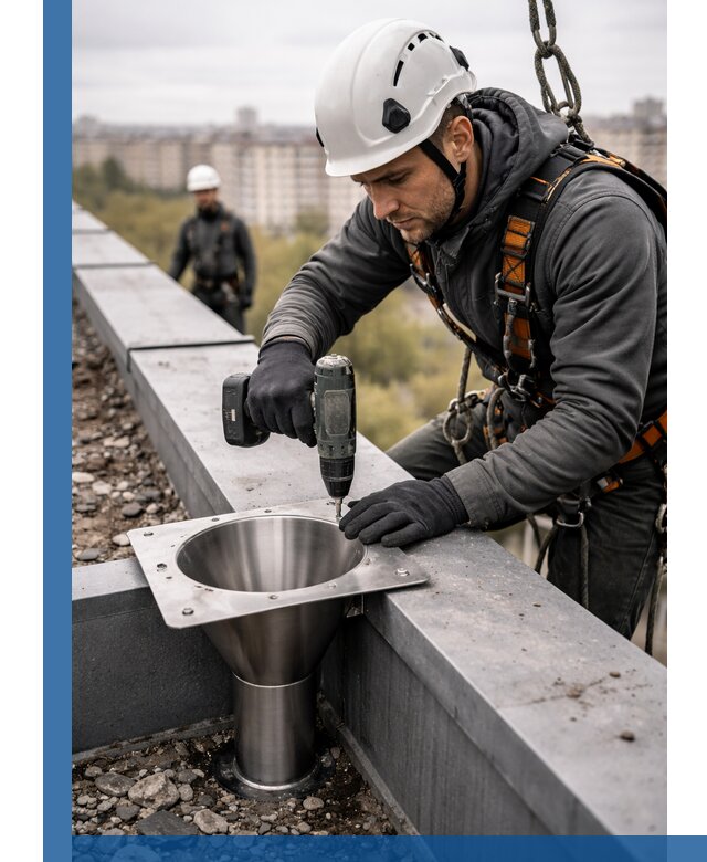 Монтаж водосточных воронок в Морозовске для промышленных зданий