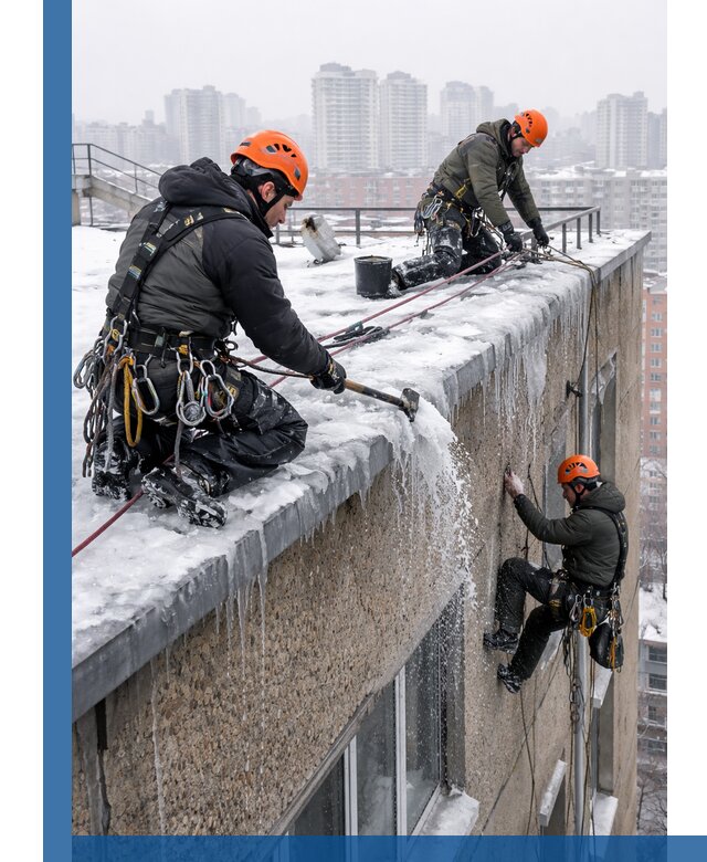 Удаление наледи с кровли в Морозовске промышленными альпинистами