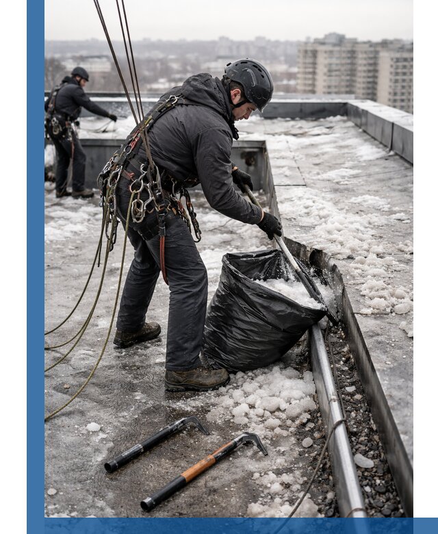 Аварийная очистка кровли в Морозовске от промальпинистов