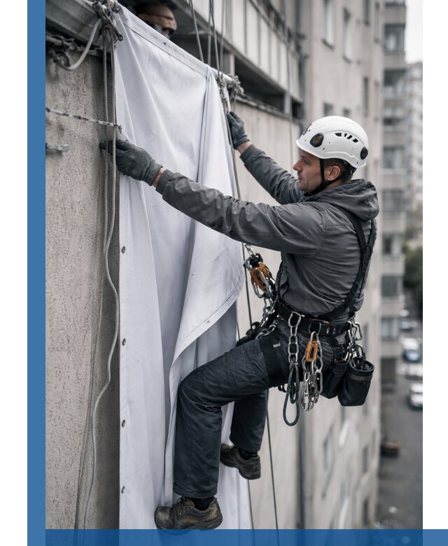 Замена баннерного полотна промышленными альпинистами в Морозовске