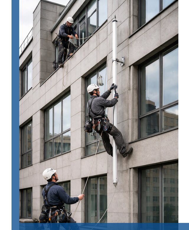 Монтаж флагштока на фасаде здания с креплением и герметикой в Морозовске