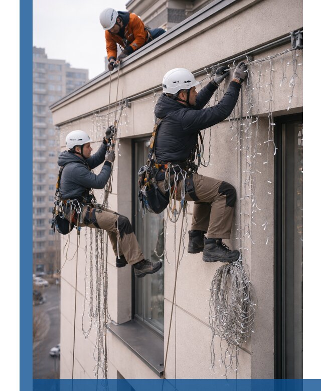 Монтаж праздничных гирлянд на фасаде в Морозовске для зданий