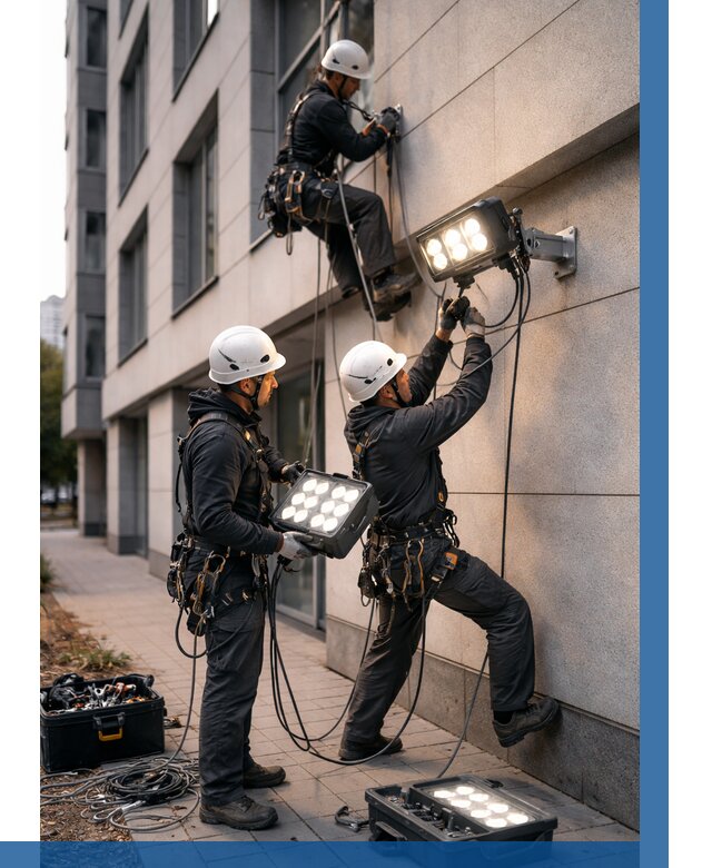 Монтаж прожекторов на фасаде в Морозовске от 7700 р. | ВЫСОТНИК-Мрз