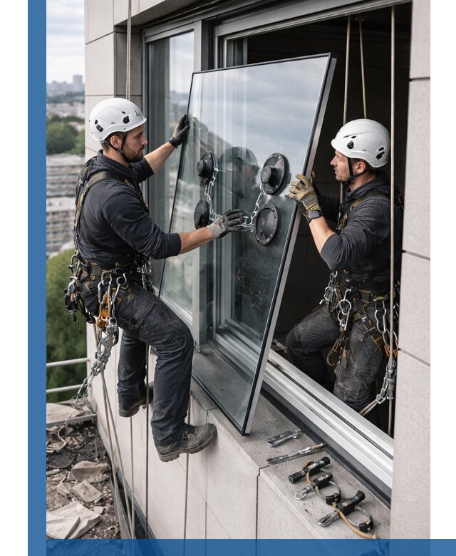 Замена стеклопакетов на высоте с промышленными альпинистами в Морозовске