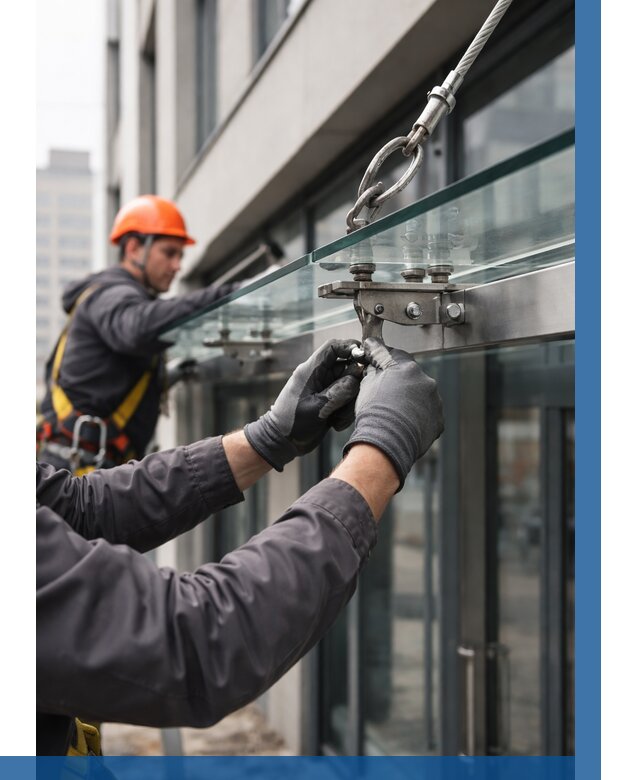 Монтаж стеклянных козырьков в Морозовске от 8726 р. | ВЫСОТНИК-Мрз