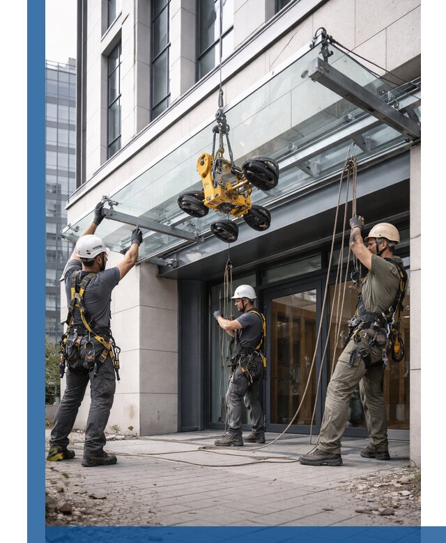 Монтаж стеклянных козырьков под ключ в Морозовске для зданий