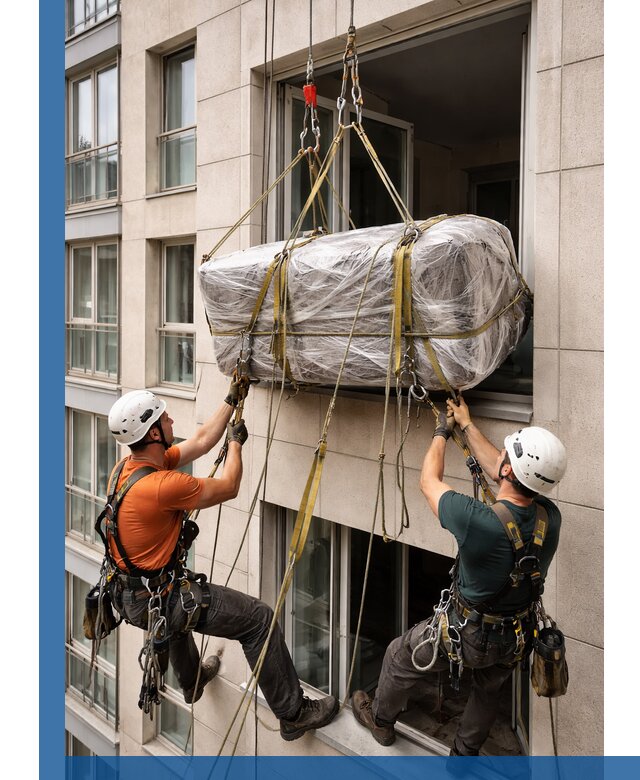 Подъем грузов через окно в Морозовске промышленными альпинистами