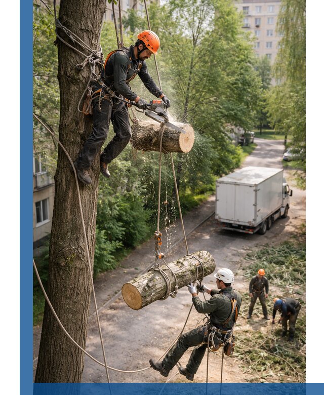 Спил деревьев альпинистами в Морозовске, безопасно и без повреждений