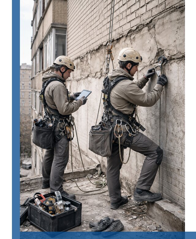 Обследование фасада промышленными альпинистами в Морозовске